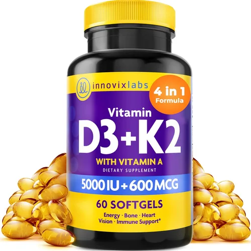 InnovixLabs Vitamina D3 K2-5000 IU Vitamina D3 Plus 600 mcg Vitamina K2 MK4 y MK7 para la máxima absorción de calcio, apoya la salud ósea, inmune y