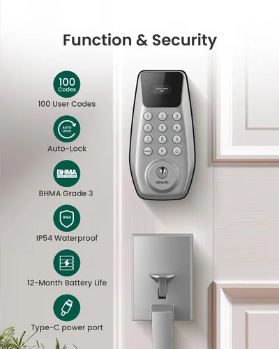Miniatura 6 de DESLOC C100 - Cerradura de puerta de entrada sin llave con asa, cerradura inteligente para puerta delantera con 2 llaves, bloqueo automático, 100