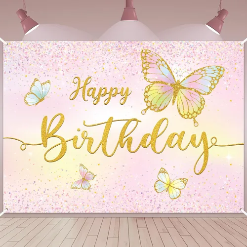 Dandat Telón de fondo de cumpleaños de mariposa de 7 x 5 pies, tema rosa, mariposa dorada, decoración de fiesta, pancarta de poliéster, fondo de
