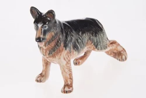 WitnyStore Pequeño perro de pastor alemán alsaciano de pie negro y marrón de 3 pulgadas, hecho a mano, hecho a mano, de cerámica, cachorros, perros