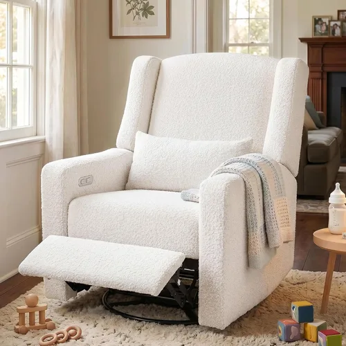 Silla mecedora eléctrica para guardería con almohada para la cintura, cómoda tela de peluche, respaldo alto y soporte lumbar, reclinable giratorio