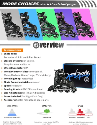Miniatura 7 de 2PM SPORTS Patines en línea para niños y niñas, niños de 5 a 8 a 12 años, 4 a 6, 6 a 12 años, con ruedas iluminadas, cuchillas ajustables para Negro