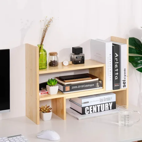 Miniatura 7 de Organizador de escritorio, estante de almacenamiento de oficina, ajustable, de madera natural, estante para libros, organizador de escritorio