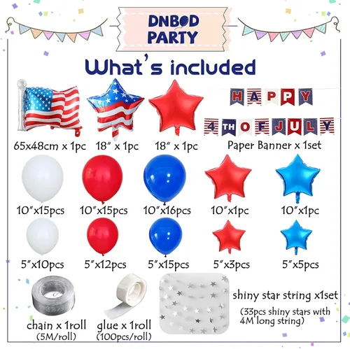 Miniatura 3 de Kit de arco de guirnalda de globos del 4 de julio, 100 globos azul marino, rojo y blanco con pancarta de papel para suministros de fiesta patriótica