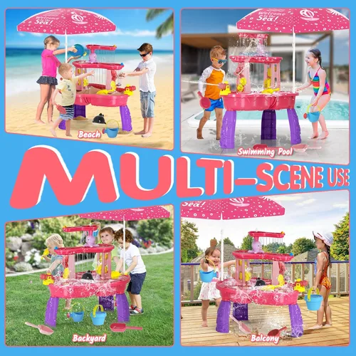 Miniatura 7 de Juguetes de mesa de agua de arena 2026 para niños pequeños de 1-3, 3-5 años con paraguas, juguete de mesas de agua al aire libre para niños de 3 Rosa