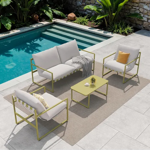 Miniatura 6 de Grand patio Juego de muebles de exterior de 4 piezas, muebles modernos de patio con cojines suaves, pequeño sofá de metal con mesa de café, juego