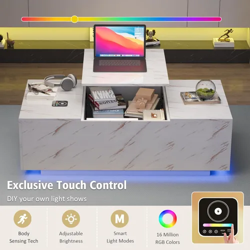Miniatura 5 de Mesa de centro LED, mesas de centro elevables de 47.2 pulgadas con cajones y gran almacenamiento, mesa inteligente para sala de estar con carga