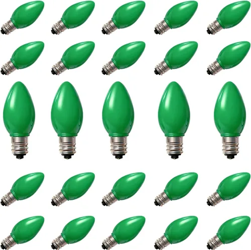 Oviejo Paquete de 25 bombillas de repuesto C7 para luces navideñas, bombillas LED verdes C7 para luces de cadena navideñas, bombillas vintage C7 E12