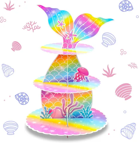 Soporte para cupcakes de sirena, soporte de cartón de 3 niveles para decoración de fiesta bajo el mar, decoración de torre de postre de sirena para