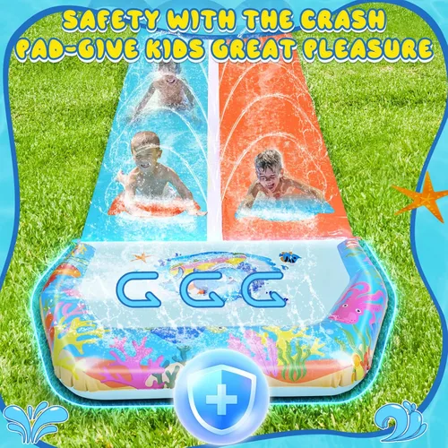 Miniatura 5 de Toboganes de agua dobles de 40 pies para niños y adultos, toboganes de agua extralargos con 2 bodyboards, resistentes, juguetes inflables gigantes