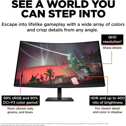 Miniatura 5 de HP OMEN 32c QHD 165Hz Monitor curvo para juegos, pantalla QHD (2560 x 1440), panel VA, 99% sRGB, 90% DCI-P3, 16:9, tecnología AMD FreeSync Premium