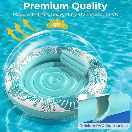 Miniatura 6 de Inflatable Tanning Pool Lounger Float with Protection Tarp, 75" x 75" Pool Floats Adult with Pillow, 6 in 1 Suntan Tub Raft Floatie, Sunbathing Cian