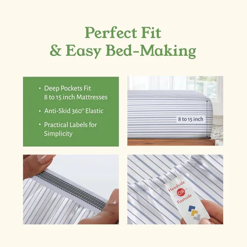 Miniatura 6 de California Design Den Sábanas King con Rayas, 100% Algodón Orgánico Percal, Juego de Sábanas de Bolsillo Profundo King y Fundas de Almohada - Raya