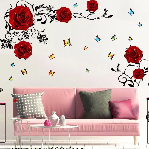 Miniatura 4 de Supzone Calcomanías de pared de rosas rojas, arte mural de vinilo para dormitorio, sala de estar, telón de fondo de sofá y decoración de pared de TV