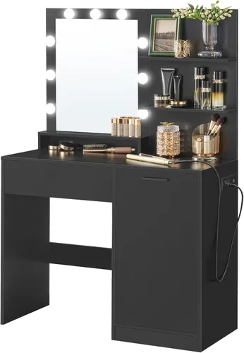 Miniatura 14 de VASAGLE Kailyn Collection - Escritorio de tocador con tomas de corriente y luces LED, mesa de maquillaje de 35.4 pulgadas de ancho con espejo, cajón