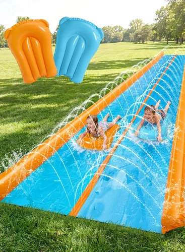 Sloosh Tobogán acuático de doble carril, tobogán de agua resistente de 25 x 6 pies con aspersor y 2 tablas inflables para adultos y niños, fiesta,