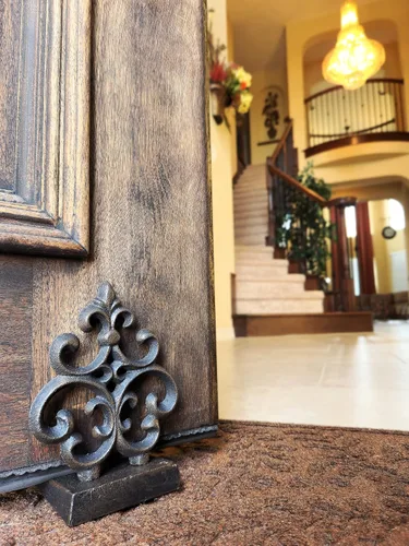 Miniatura 7 de Lulu Decor, Tope de puerta Fleur De Lis de hierro fundido, tapón de puerta en acabado negro antiguo (2 piezas)
