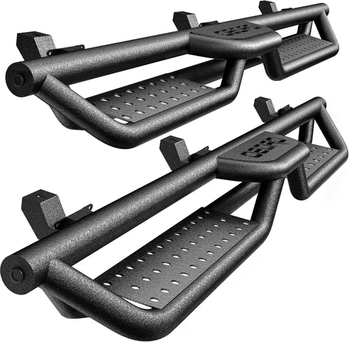 OEDRO - Estribos con diseño de doble escalera fabricados totalmente de acero; escalones laterales atornillables recubiertos de polvo negro
