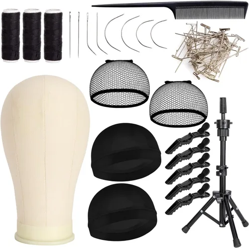 Cabeza de peluca de lona de 22 pulgadas con soporte, cabeza de maniquí de lona de corcho con soporte para cabeza de peluca, juego de bloque de Blanco