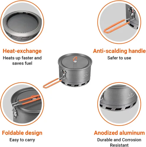 Miniatura 5 de Bulin Olla de camping, 2.1 L de alta eficiencia para mochileros, juego de utensilios de cocina ultraligeros con mango a prueba de calor e