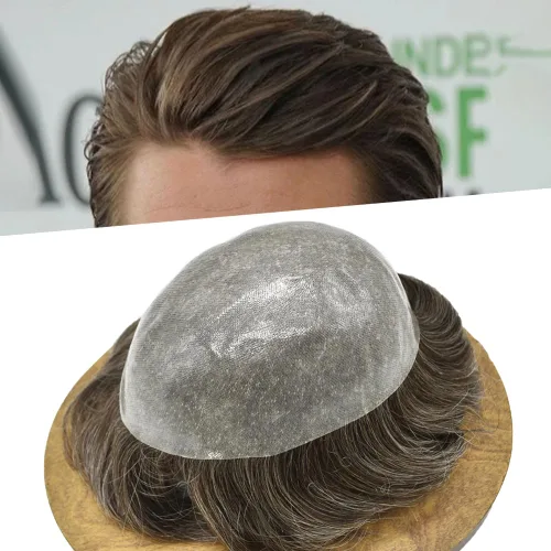 Miniatura 19 de Hair Toupee para hombres Sistema de reemplazo de pelo completo Poly pieza de pelo para hombre Toupee Durable Europeo Sistema de cabello humano #420