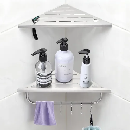 Estante esquinero para ducha, estante esquinero de ducha de 10 pulgadas con toallero y ganchos, paquete de 2 estantes de baño empotrados de acero
