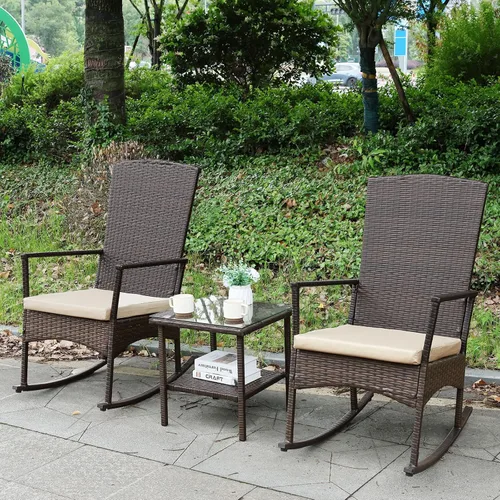 Mecedora para exteriores, 3 piezas, mecedora con respaldo alto, para patio, mesa para exteriores, color caqui