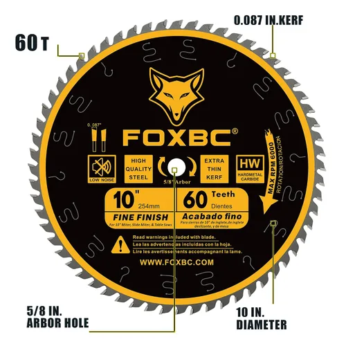 Miniatura 3 de FOXBC Hoja de sierra de mesa de corte transversal de acabado fino de 10 pulgadas, 60 dientes ATB, con eje de 5/8 pulgadas
