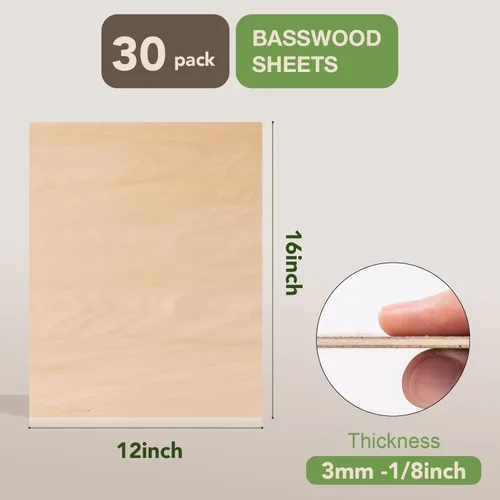 Miniatura 2 de ROBOTIME Paquete de 30 hojas de tilo de 1/8 x 12 x 16 pulgadas, en blanco para grabado láser, madera de 0.118 in para corte y grabado láser Madera