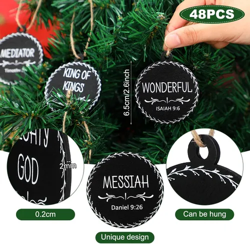 Miniatura 2 de Jetec 48 Piezas Adornos con Nombres de Jesús Cristo Adornos de Navidad Juego de Belén Adorno Redondo de Madera para Navidad Adorno Colgante