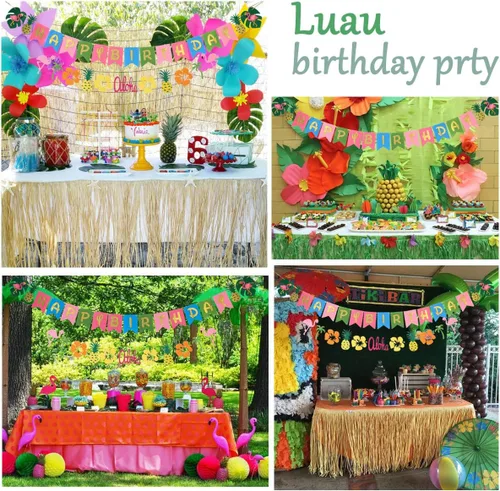 Miniatura 7 de Decoración de fiesta hawaiana Suministros de fiesta Luau Banner tropical hawaiano, guirnalda de flamencos para suministros de cumpleaños