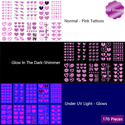 Miniatura 5 de Tatuajes temporales de neón UV, 170 piezas con forma de corazón rosa, diseños brillantes que brillan en la oscuridad, tatuajes falsos impermeables