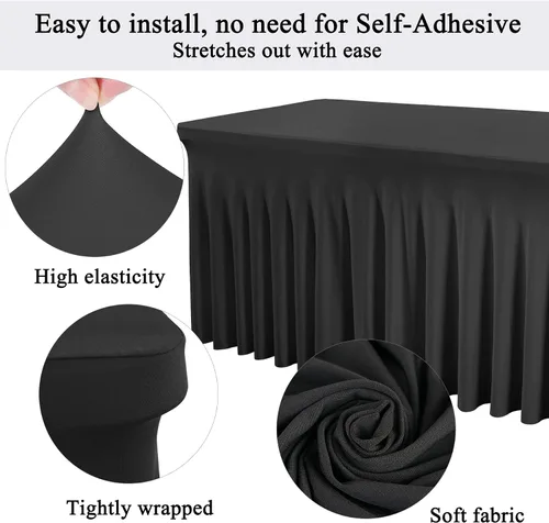 Miniatura 5 de Besutolife - Faldas de mesa de elastano negro para mesas rectangulares de 4 pies, diseño de una pieza, mantel para fiestas de cumpleaños, bodas