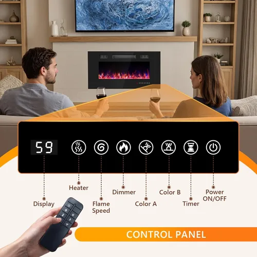 Miniatura 7 de Chimenea eléctrica de 36 pulgadas, chimenea eléctrica montada en la pared con control remoto y temporizador, chimeneas calefactoras de bajo ruido