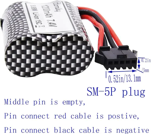 Miniatura 5 de Blomiky - Paquete de 2 baterías recargables de iones de litio de 7.4 V 1200 mAh con enchufe SM-5P y cable USB para alguna versión TX123 RC Boat