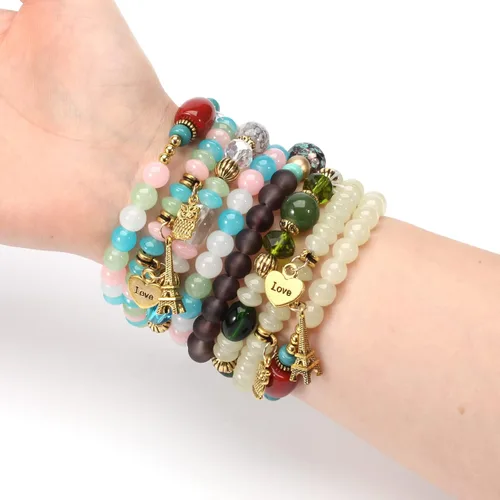 Miniatura 8 de WuCuifu Paquete de 8 pulseras apilables bohemias para mujer, pulseras de cuentas estiradas multicapa