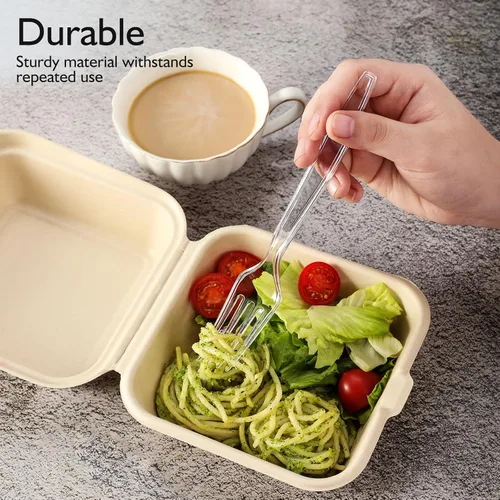 Miniatura 3 de [300 unidades] Tenedores de plástico transparente resistente, tenedores de plástico desechables, cubiertos de plástico de lujo, tenedores