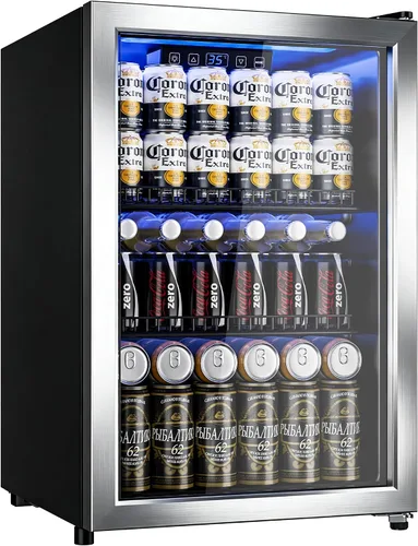 Manastin Refrigerador de bebidas, mini refrigerador independiente con puerta de vidrio, estantes ajustables y pantalla digital de temperatura para