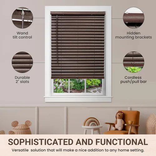 Miniatura 5 de PowerSellerUSA Persianas sin cordón, mini persiana de vinilo de listones de 2 pulgadas, grano de madera en relieve de alta calidad, tratamiento
