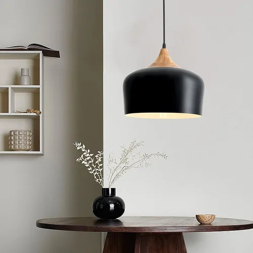 Miniatura 4 de Lámpara colgante industrial negra de 11.8 pulgadas, iluminación colgante de techo ajustable de madera con pantalla de metal en forma de cúpula