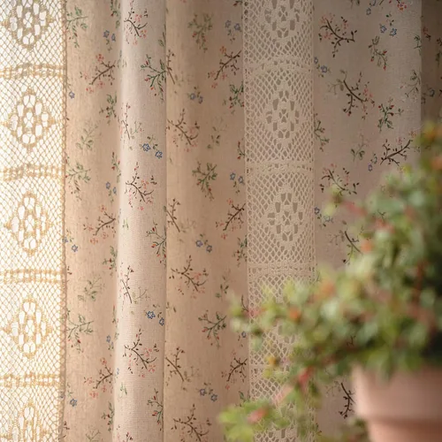 Miniatura 2 de Deeprove Cortinas bohemias para dormitorio, rayas huecas de ganchillo crema y estampado floral, tela de lino de algodón, con borlas beige bohemias