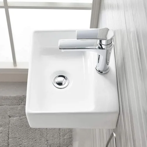Miniatura 6 de Fregadero de baño de montaje en pared, fregadero de 13.4 x 11.5 pulgadas con soporte para grifo, lavabo rectangular de cerámica de porcelana blanca