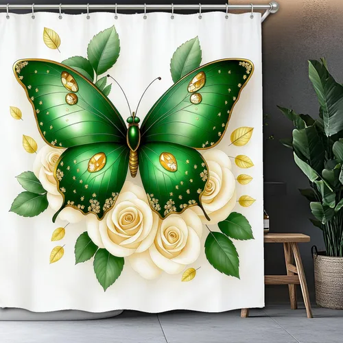 Miniatura 4 de Cortina de ducha de mariposas Dreamrflove, 1 unidad de cortinas de ducha de mariposas para baño, cortina de ducha floral de mariposas verde, cortina