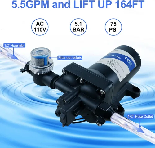 Miniatura 2 de Tdrsuper - Bomba de refuerzo de presión de agua, bomba de diafragma de agua de 110V AC, 5.5 GPM 75 PSI con enchufe de alimentación, bomba de agua