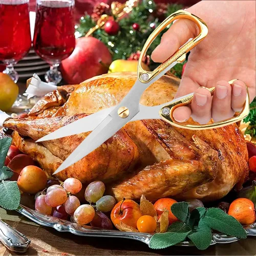 Miniatura 7 de Tijeras de cocina premium, paquete de 2 tijeras resistentes para aves de corral y carne, tijeras de hueso para cocinar Bronce+dorado