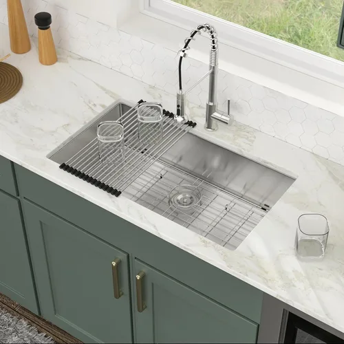 Miniatura 2 de Logmey Fregadero de cocina de montaje inferior de 33 pulgadas 33x19 Fregaderos de acero inoxidable SUS304 calibre 16 hechos a mano de un solo