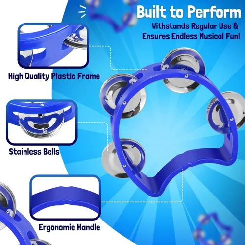 Miniatura 5 de Flexzion Pandereta - Campana de mano, instrumentos musicales de percusión (azul, paquete de 2), instrumento musical de plástico, media luna, mini D