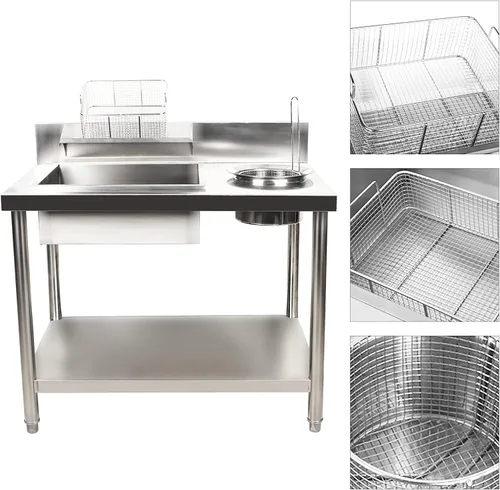 Miniatura 7 de Mesa de empanado para preparación de alimentos fritos, estación de panadero, pollo y pescado y verduras, mesa de trabajo y preparación de cocina
