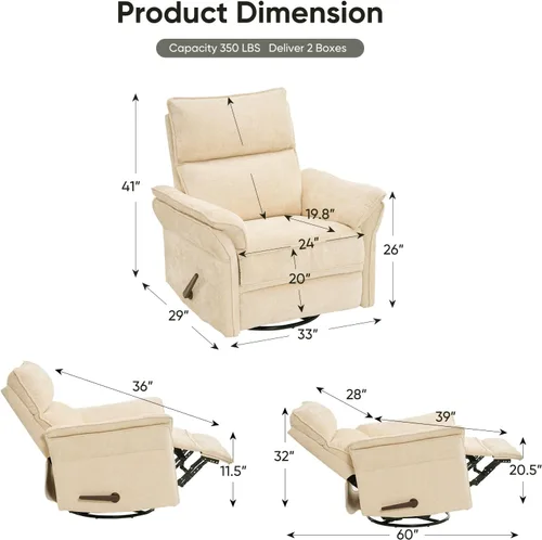 Miniatura 3 de Rocking Chair Nursery with Adjustable Headrest,Manual Swivel Rocker Recliner Nursery Chair with Overstuffed Armrest,Glider Rocker Recliner for