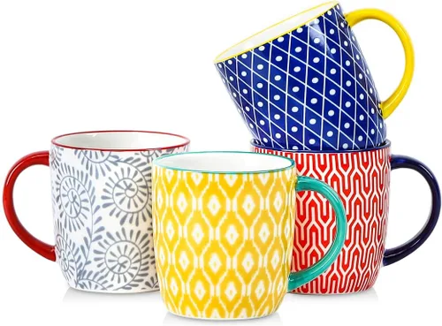 Selamica Juego de 4 tazas de café de 10 onzas, tazas de café pequeñas de cerámica con asa, taza de café para capuchino latte cacao, té con leche,
